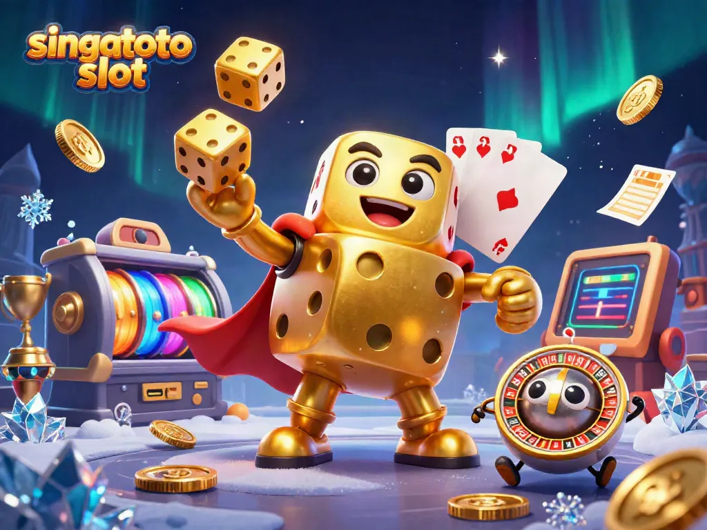 Experience the excitement with singatoto slot as vibrant slot reels spin and golden dice juggle, creating a dynamic casino ambiance.