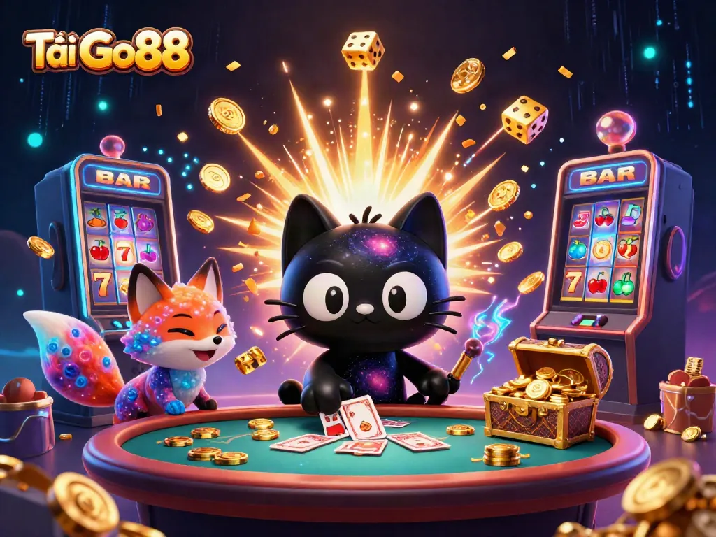 Engage with Tải Go88 through an exciting cosmic casino scene with a black hole cat and vibrant game elements.
