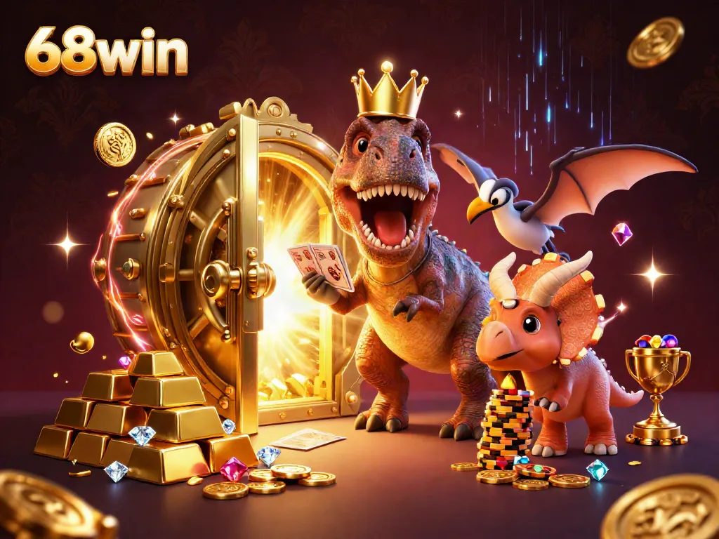 Engaging 3D illustration showcasing 68win's vibrant casino elements with T-Rex, pterodactyl, and triceratops characters.