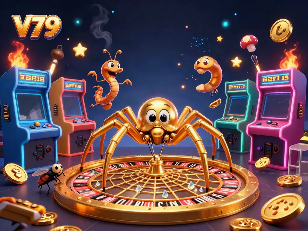 Experience the excitement of V79 as a golden spider spins a roulette wheel web in this vibrant 3D illustration.