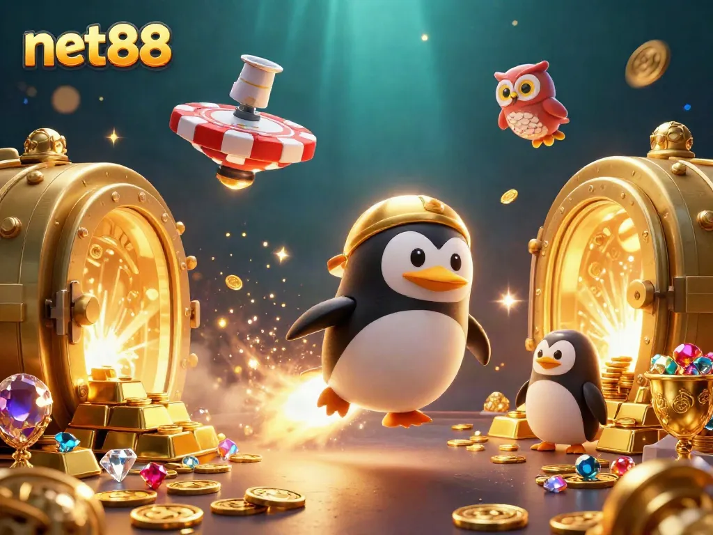 Net88 presents a vibrant, captivating gambling scene with a golden penguin soaring towards fortune-filled depths.