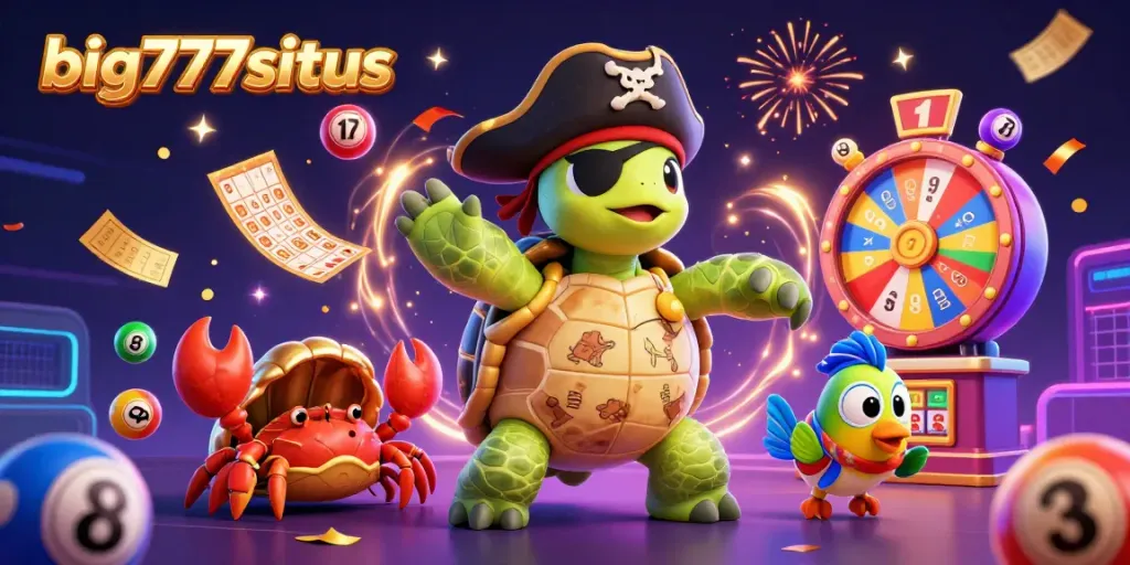Experience the excitement of big777situs with colorful lottery balls and casino characters celebrating amidst dynamic visuals.
