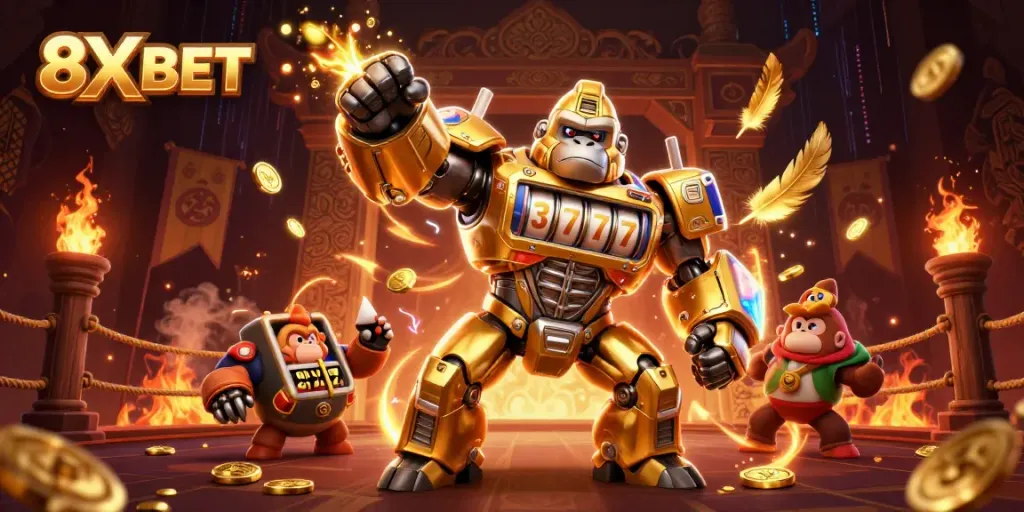 Place bets at 8X BET with a dynamic 3D illustration of a golden gorilla mech and vibrant casino elements.
