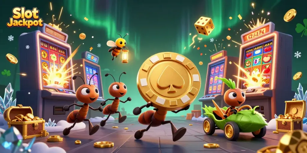 Engaging scene featuring a 'Slot Jackpot' heist by cartoon ants with vibrant casino elements.