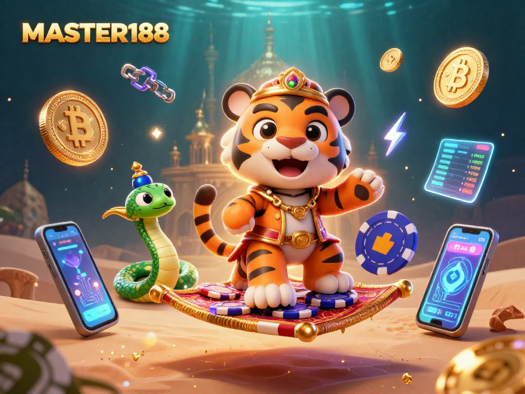 Bet on MASTER188's vibrant 3D casino scene, featuring an Arabian Nights-themed tiger on a carpet of poker chips.