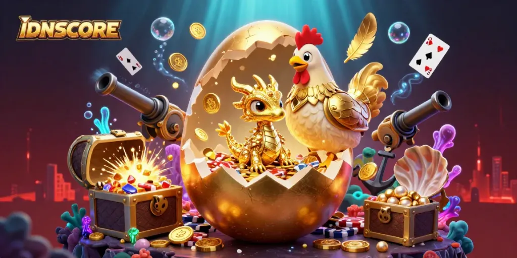 Experience the vibrant world of IDNSCORE with a golden dragon on poker chips, intricate gaming elements, and glowing underwater effects.