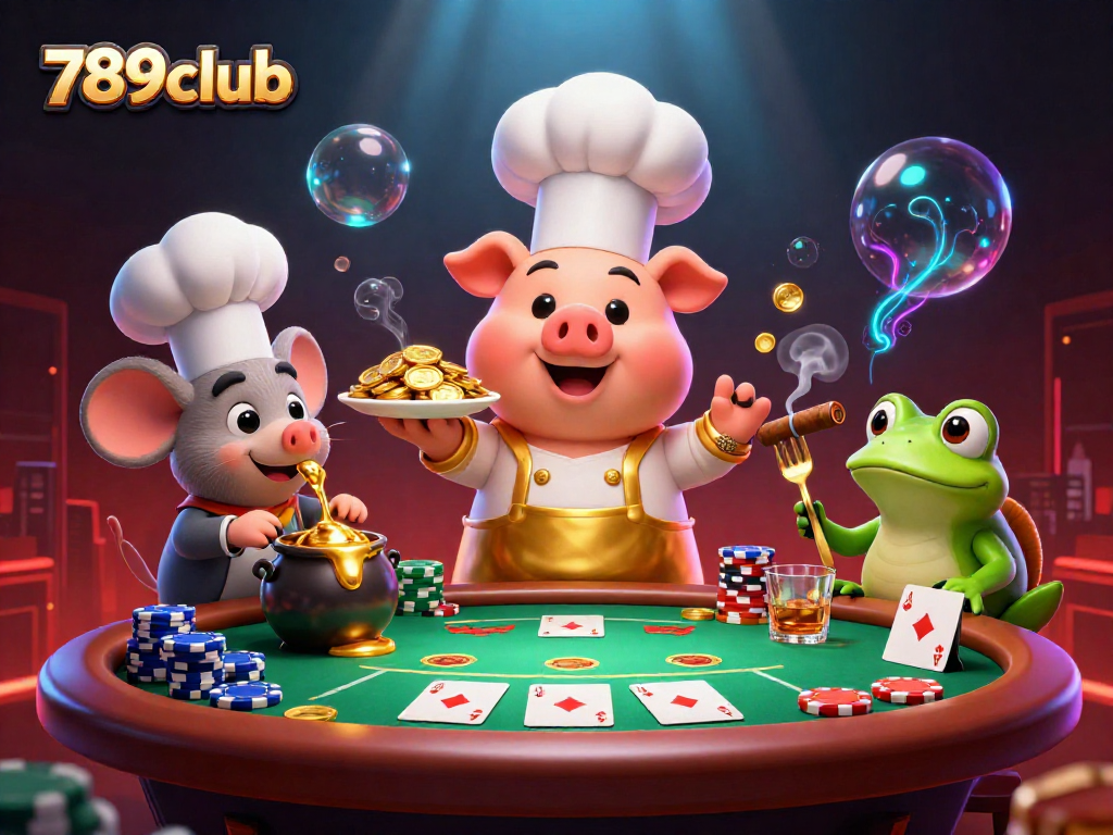 Experience the thrill of winning at 789club with chefs serving gold coins and vibrant casino elements.