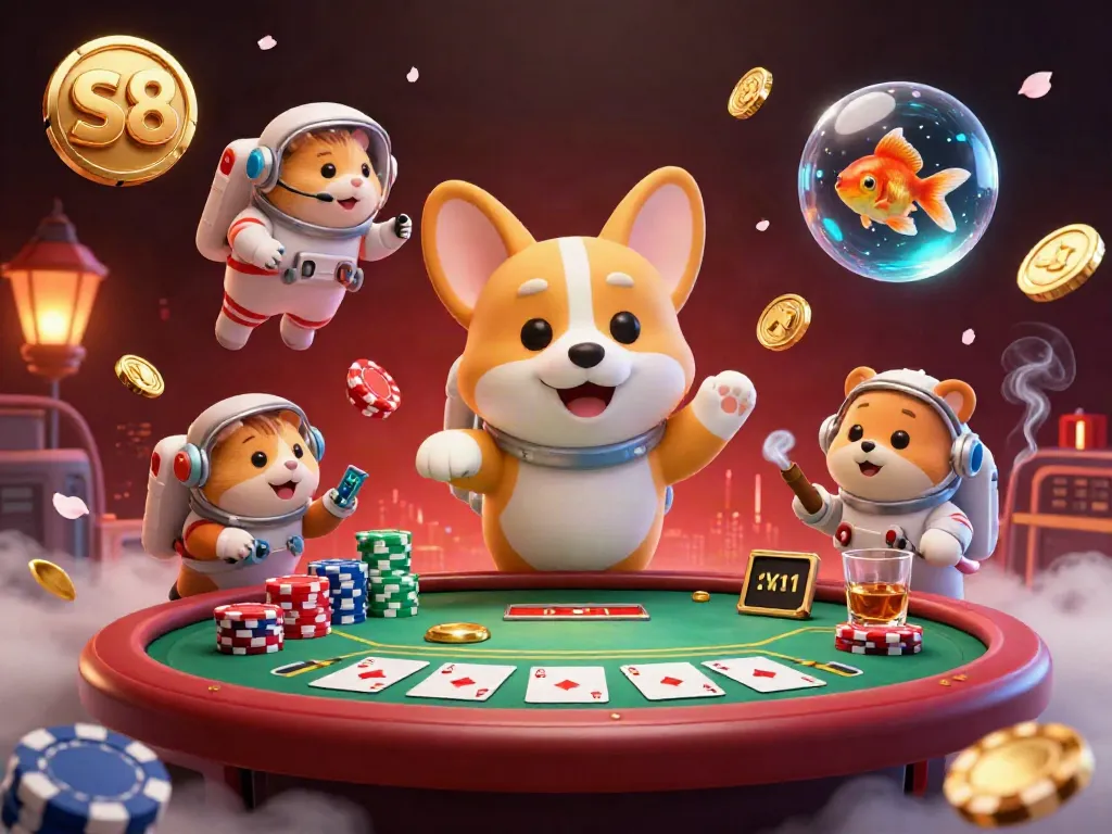 S8 gamers enjoy an exciting floating casino scene with vibrant poker elements.