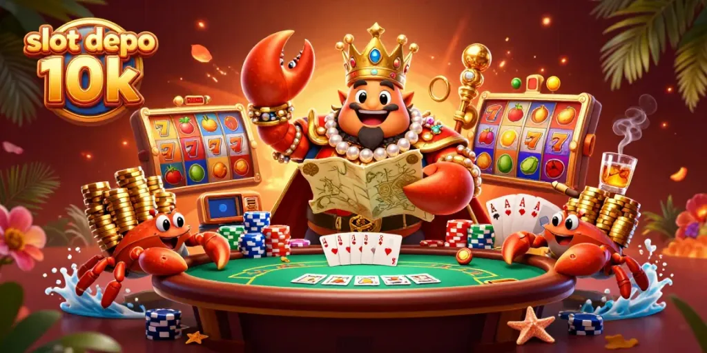 Engage in slot depo 10k excitement with a golden crab emperor and vibrant casino elements.