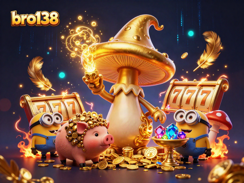 Win big at bro138 with golden spins and treasures in this vibrant casino illustration.