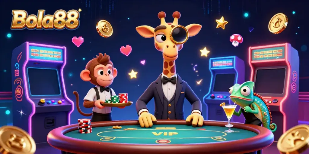 Bola88 high-roller giraffe at a vibrant casino scene with a monkey and chameleon, amid flashing arcade games.