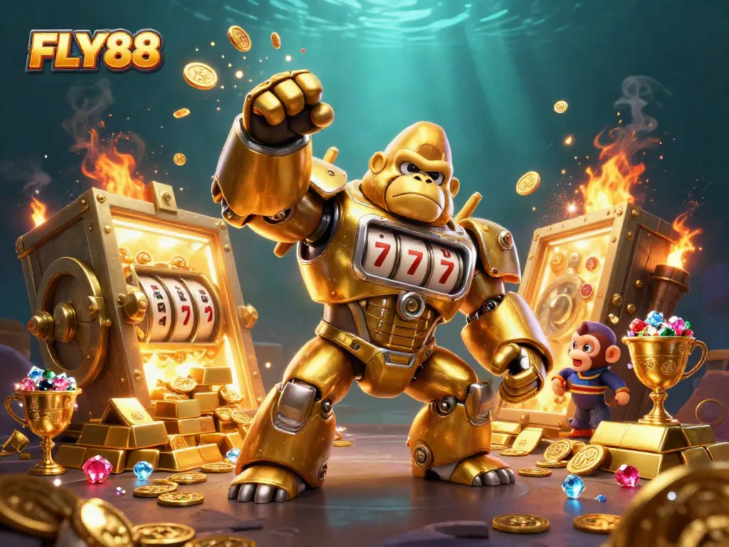 FLY88 showcases a vibrant 3D scene with a golden gorilla mech, bursting coins, and treasure elements.