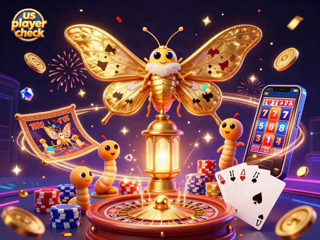 Experience exhilarating gaming with us player check’s vibrant casino scene showcasing a cartoon moth and golden treasures.