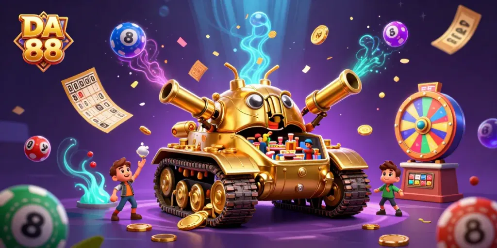 Experience the thrill of DA 88 in a vibrant casino scene filled with colorful lottery elements.