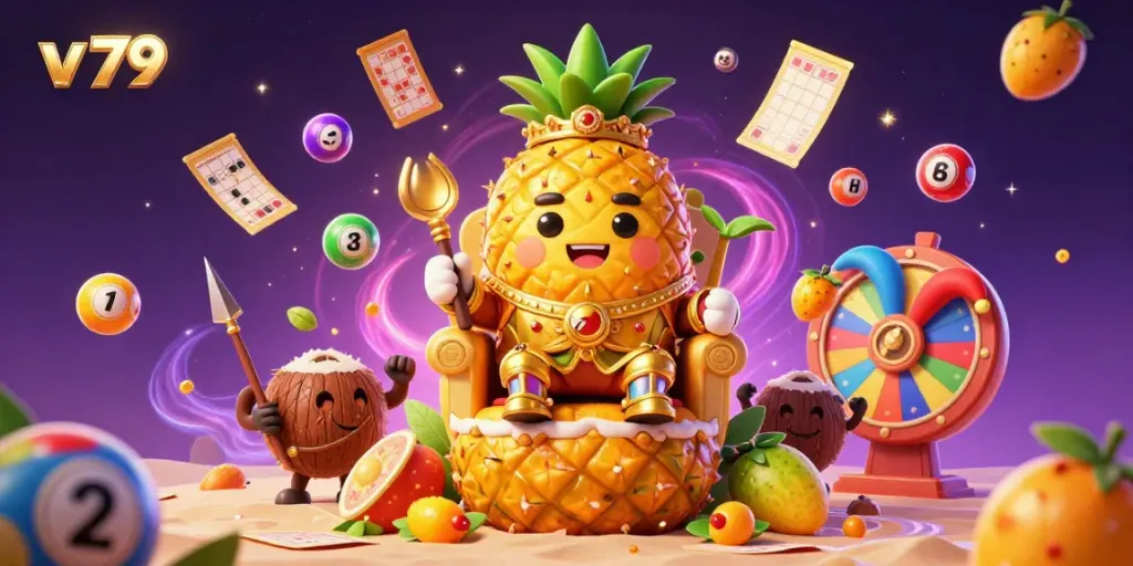 Experience thrilling gameplay at v 79 with vibrant lottery balls, a golden pineapple king, and dynamic casino scenes.
