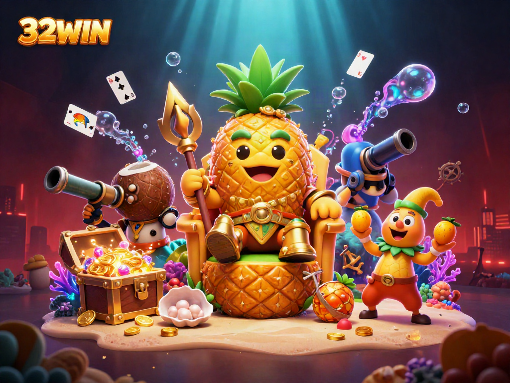 32WIN captures a vibrant casino scene with a pineapple king, lively characters, and dynamic game elements.
