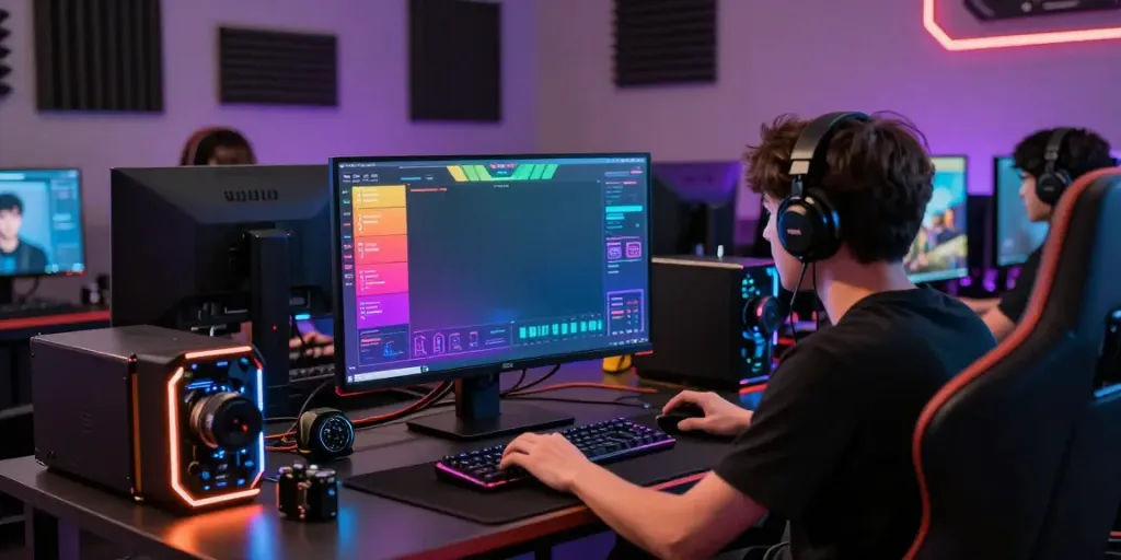 Singatoto link showcased in a vibrant online gaming dashboard with a gamer focused on real-time analytics and interactions.