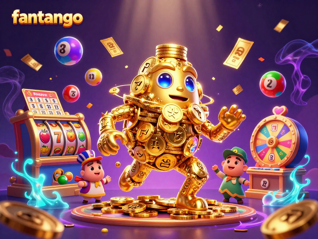 Join the excitement of fantango with a golden golem and dynamic casino elements in this vibrant illustration.
