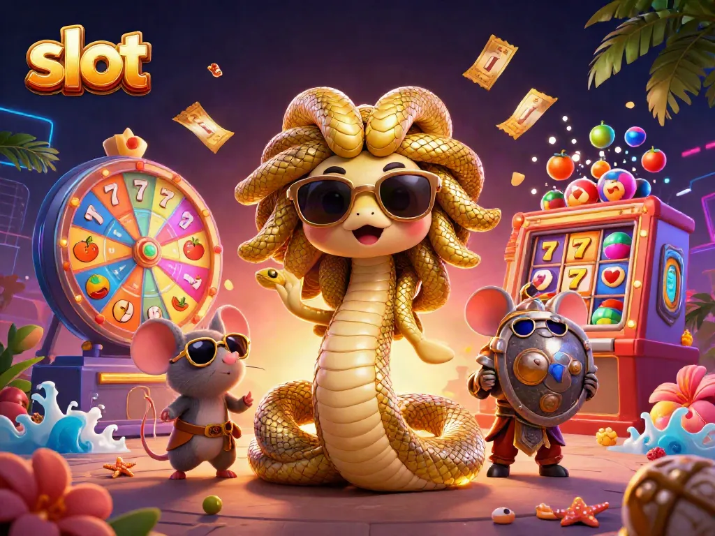 Engage with colorful slot reels and lucky symbols in this vibrant casino scene.