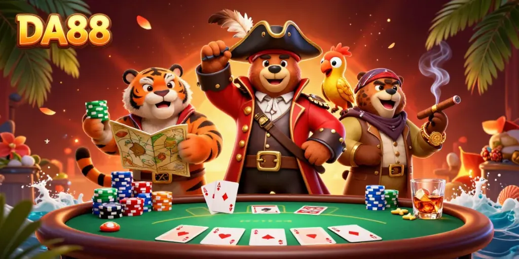 Experience thrilling moments with DA88 at a vibrant poker table surrounded by engaging characters and dynamic elements.