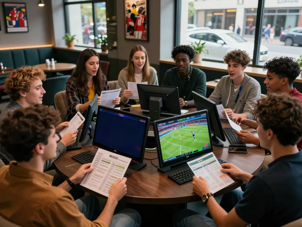 Friends enjoying a sports betting experience at a lively lounge, peh888 excitement all around.