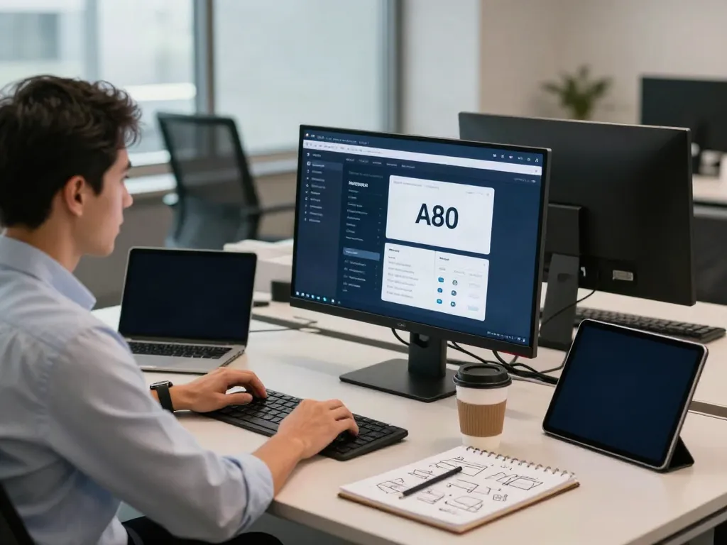 A80 information platform showcased in a modern tech workspace with dual screens and collaborative tools.