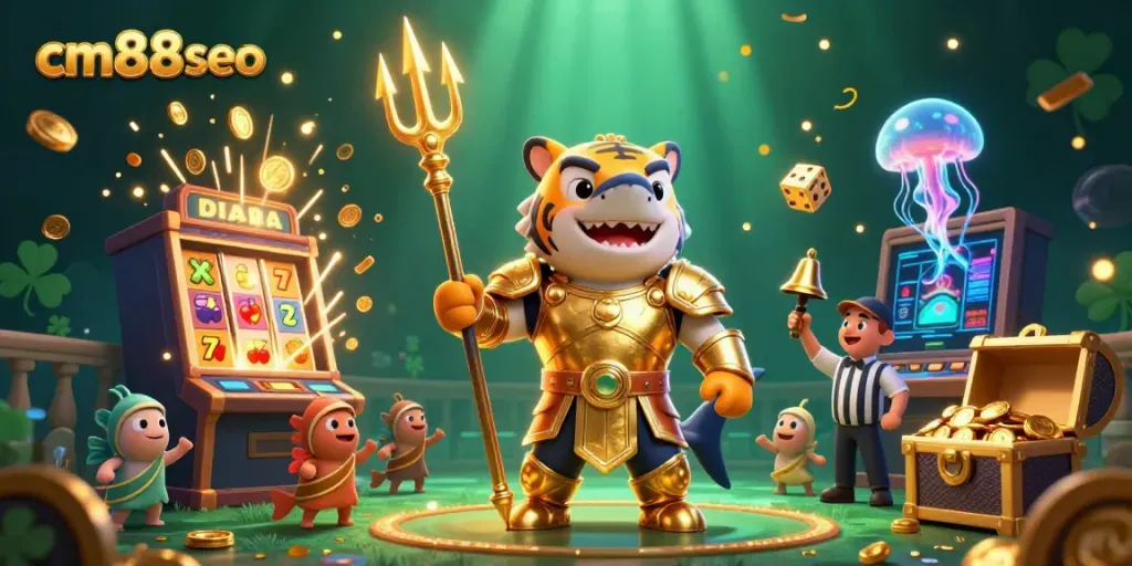 Experience thrilling casino action with cm88seo's vibrant 3D illustration of an underwater gladiator showdown.