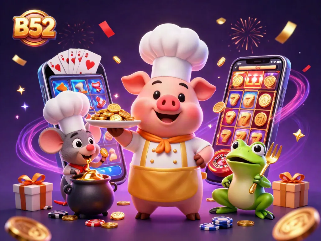 B52: Experience the thrill of vibrant casino action with pig, mouse, and frog amid gold coins and dynamic games.