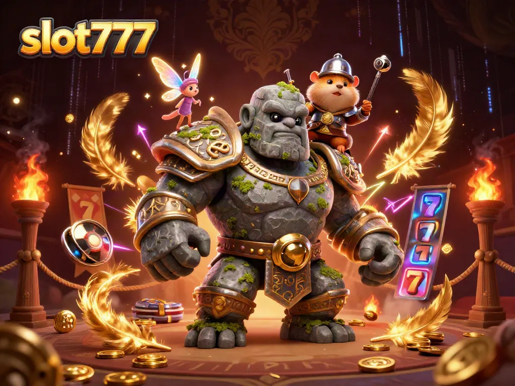Engage with slot777 action in an ultra-detailed casino scene featuring a golem, fairy, and hamster knight.