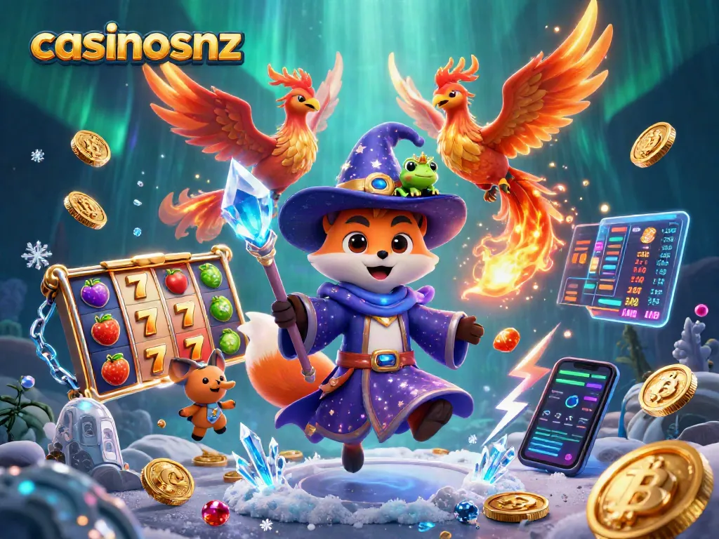 Experience casinosnz magic with a vibrant wizard fox and phoenix amidst slot reels