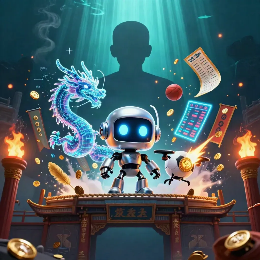 Cyberpunk robot, holographic dragon, and coin drone amid temple, coins, fire, and neon casino energy