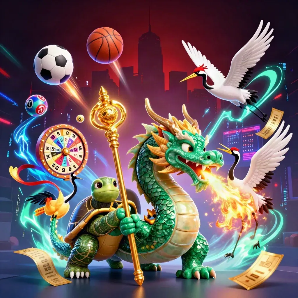 Jade dragon, turtle sage and cranes amid casino lights, lottery balls and flying sports gear.