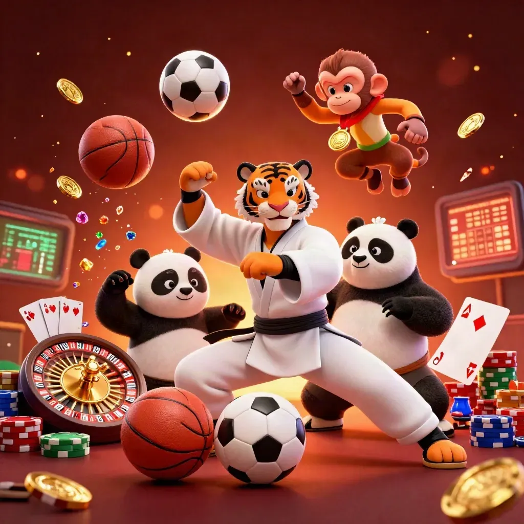 Kung-fu tiger, panda, and monkey amid flying coins, cards, chips, balls, and neon casino glow.