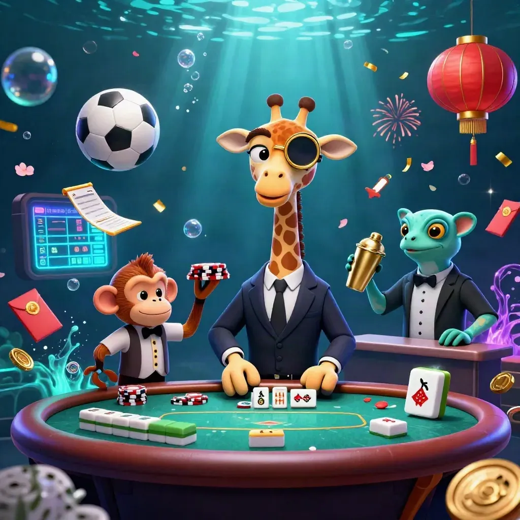 3D casino animals with poker table, balls, chips, lanterns, and glowing underwater lights