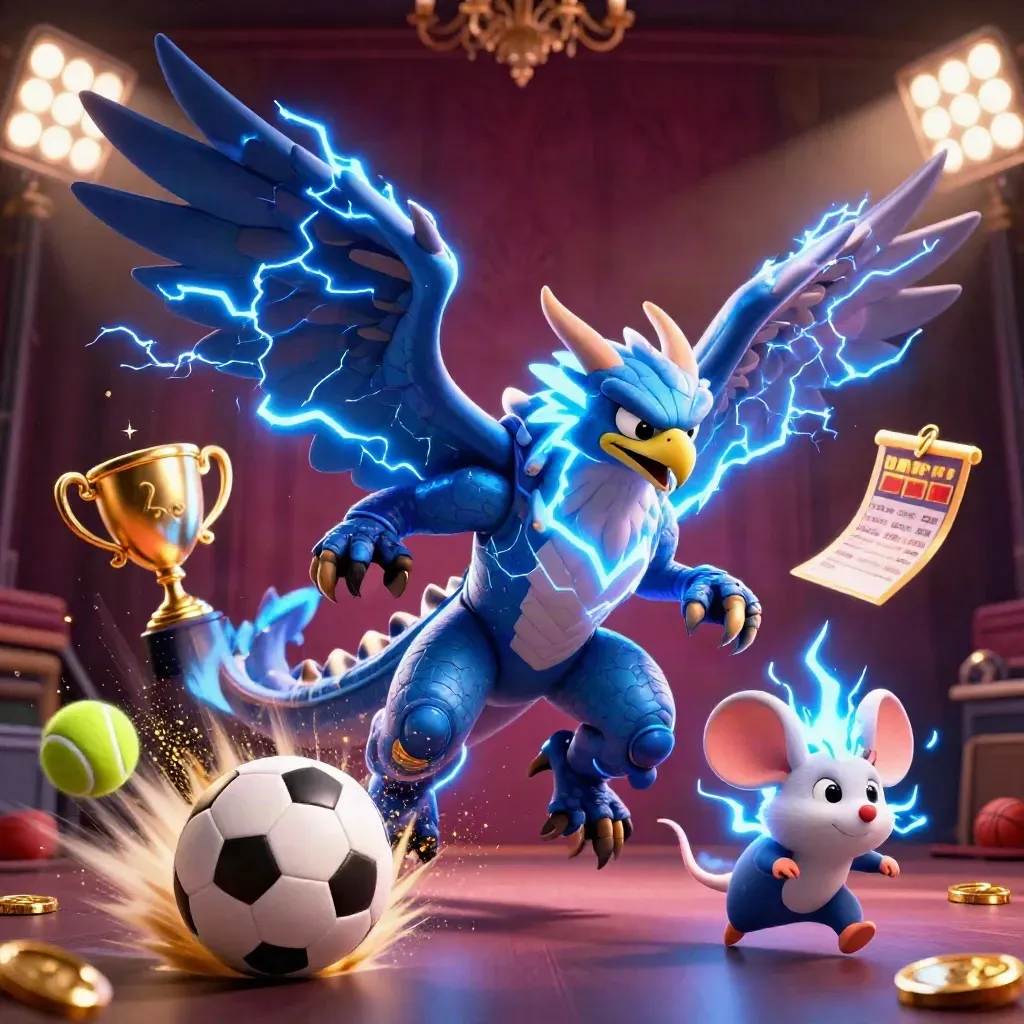 Thunder dragon, wind hawk and static mouse amid flying balls, coins and lights on dark damask.