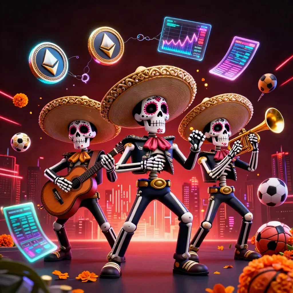Skeleton mariachi trio in neon casino lighting with coins, sports balls, and cyber skyline.