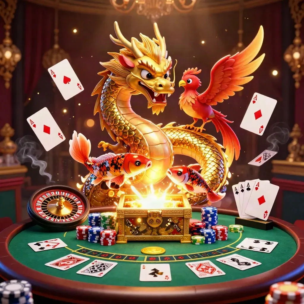 Golden dragon and phoenix over casino tables with chips, cards, and chandelier glow.