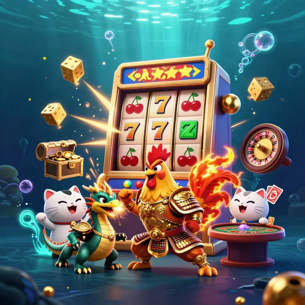 Rooster warrior, dragon hatchling, and cat amid casino treasures in neon underwater glow.