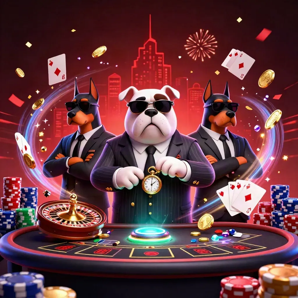 Bulldog mob boss with two Dobermans amid chips, coins, cards, fireworks, and neon casino glow