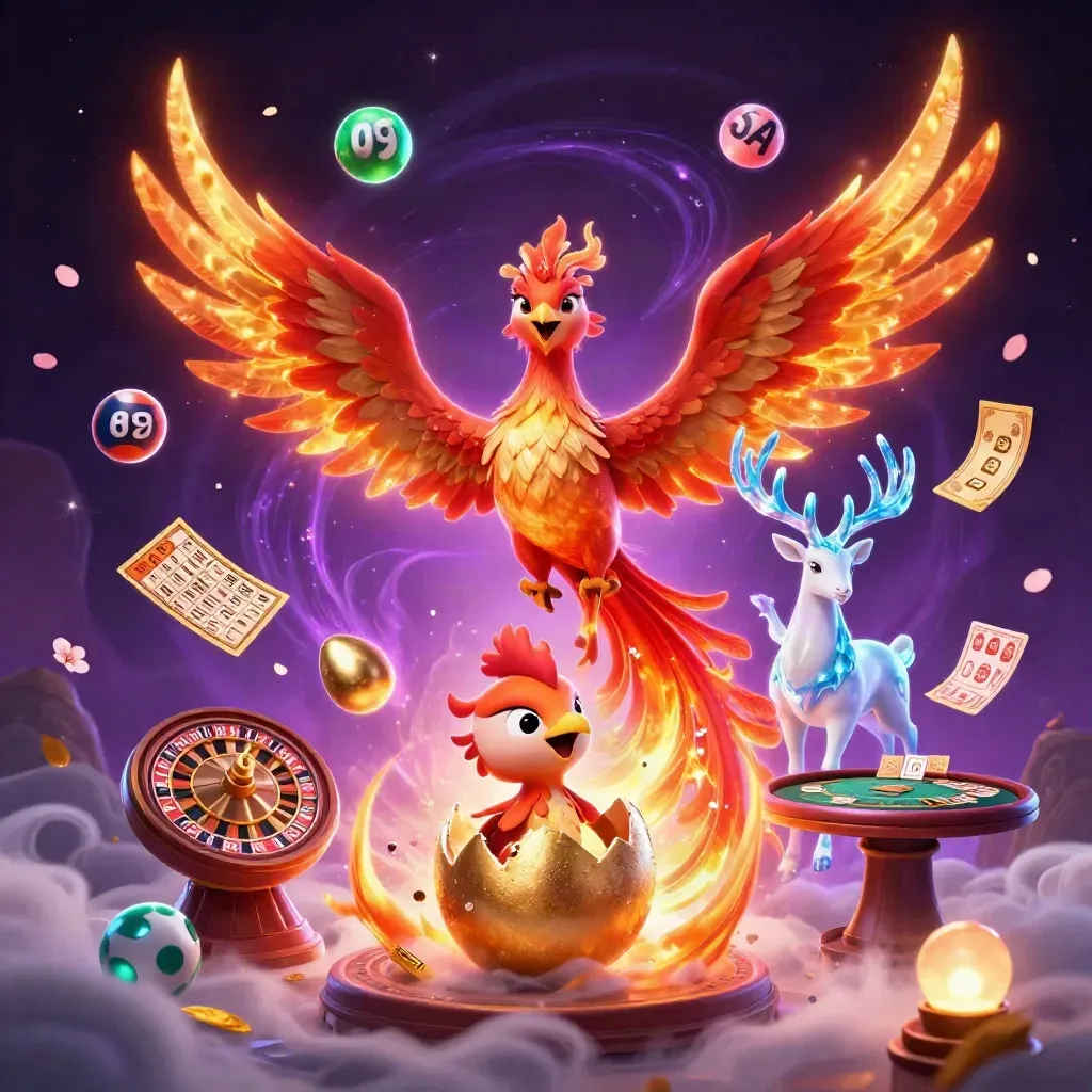 Phoenix trio amid casino magic, lottery balls, wheel, gold leaves, and neon energy.