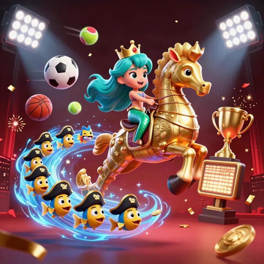 Mermaid princess on armored seahorse amid fish, sports balls, trophy, coins and neon energy.