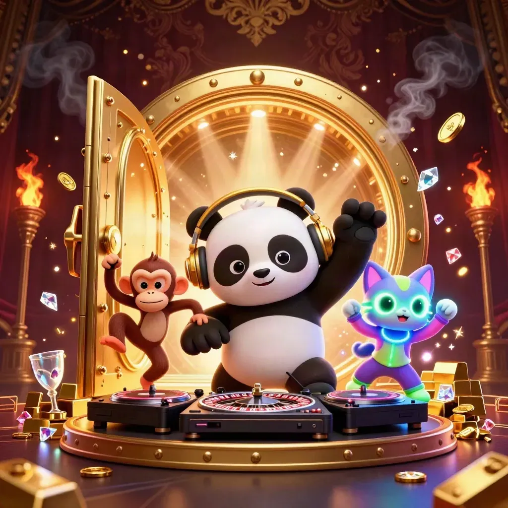 Panda DJ, breakdancing monkey, and glow-stick kitten amid vault treasure and neon casino lights