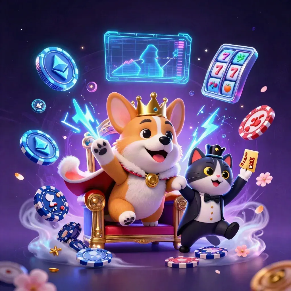 Royal corgi and cat butler amid blue crypto coins, lightning, chips, and casino magic.
