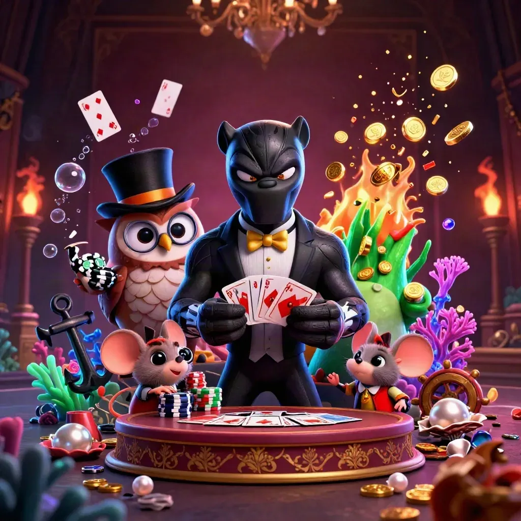 Panther, owl, and mouse amid treasure coins, coral, cards, and underwater casino glow.