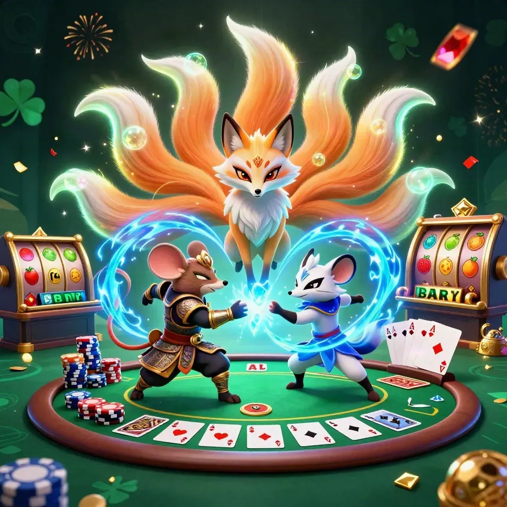 Fox spirit and armored mouse amid casino chaos, chips, cards, reels, and neon effects.