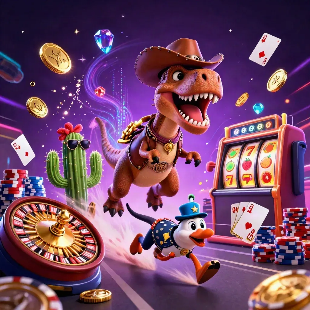 Cowboy T-Rex, cactus, and roadrunner amid casino bursts, neon blue energy, coins, chips, cards