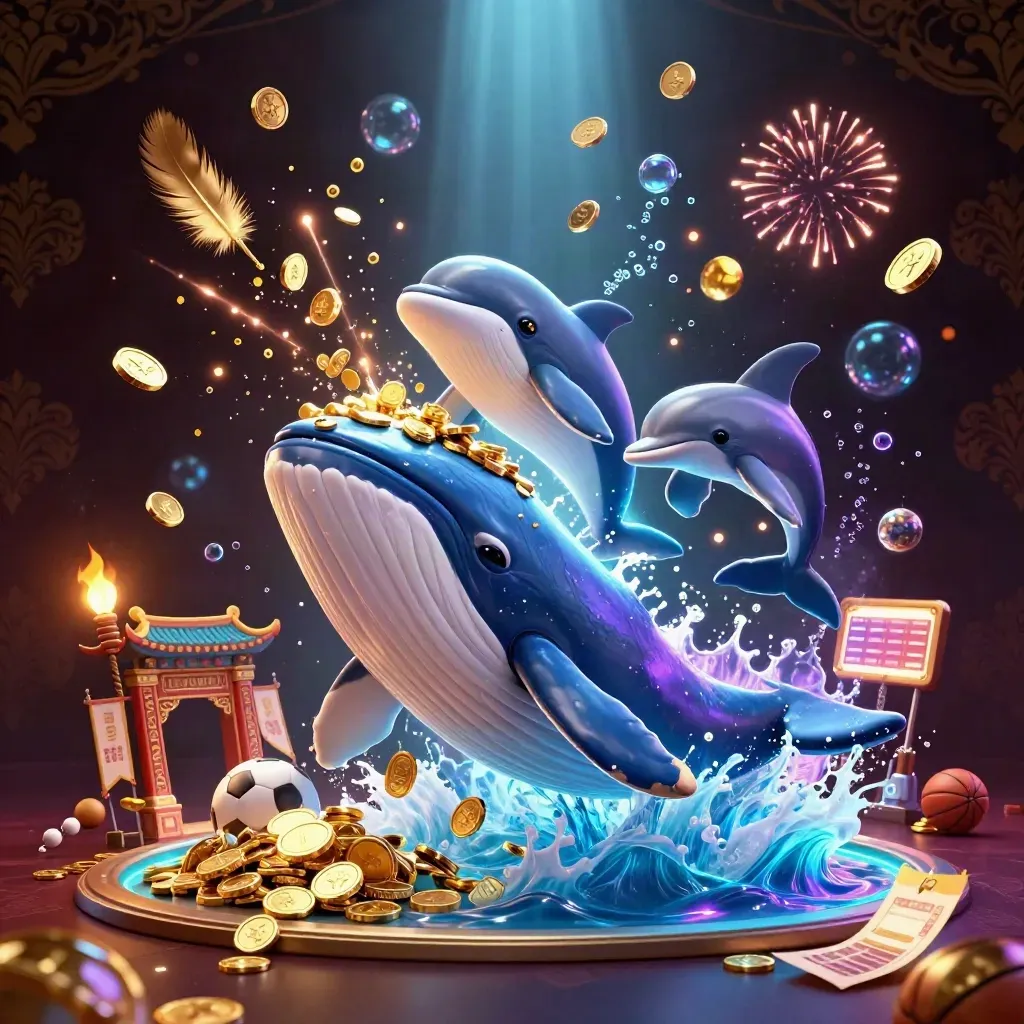 Whale captain, narwhal and dolphins burst through coins with neon casino energy.
