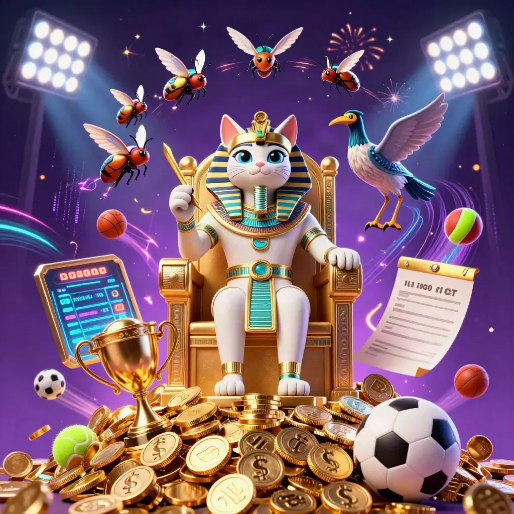 Pharaoh cat, ibis scribe and gem scarabs burst through coins with sports balls and neon casino glow.