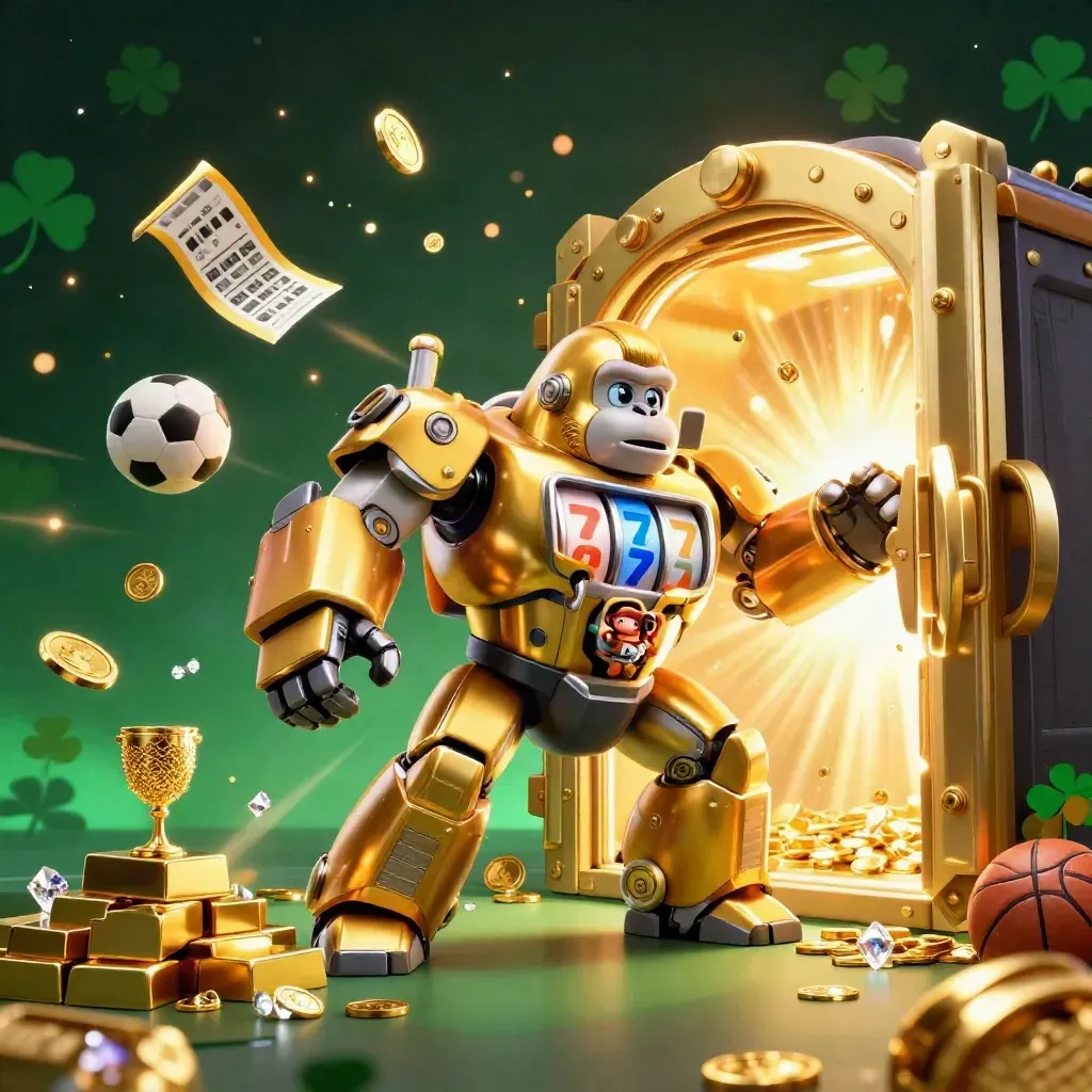 Golden gorilla slot-mech bursts from a vault with coins, gems, and a monkey pilot amid fireworks.