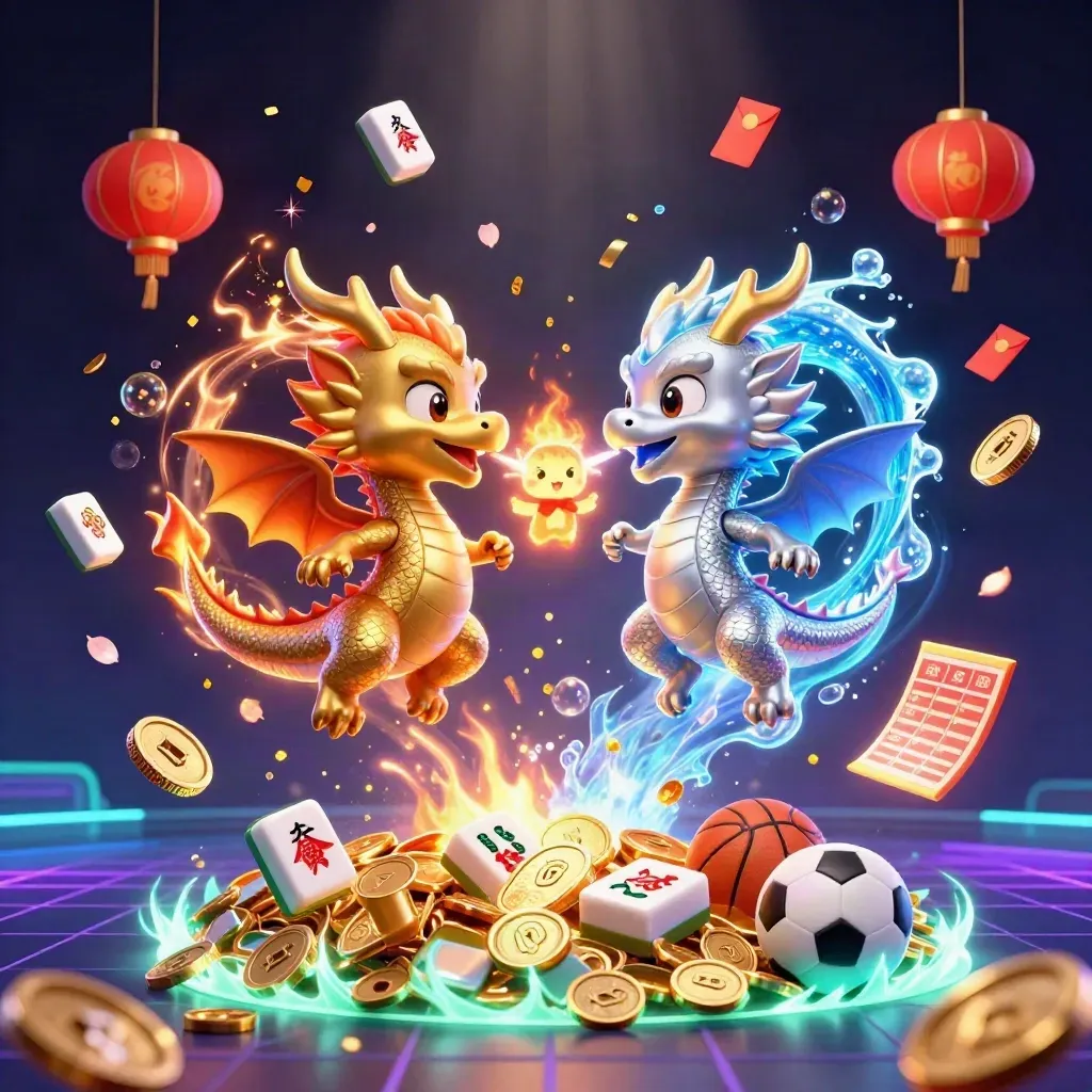 Twin dragons burst from a treasure vortex with coins, fireworks, and neon casino glow.